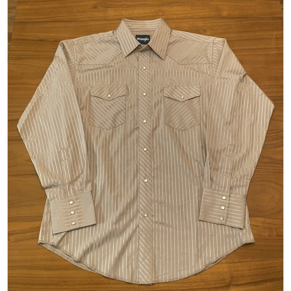 Wrangler Western Shirt Men's L Satin Brown Gold Striped Pearl Snap Cowboy Rodeo
